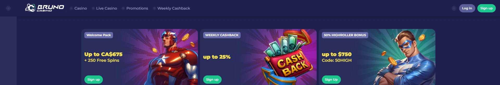 Welkomstbonus van Bruno Casino, direct zichtbaar bij aanmelding.